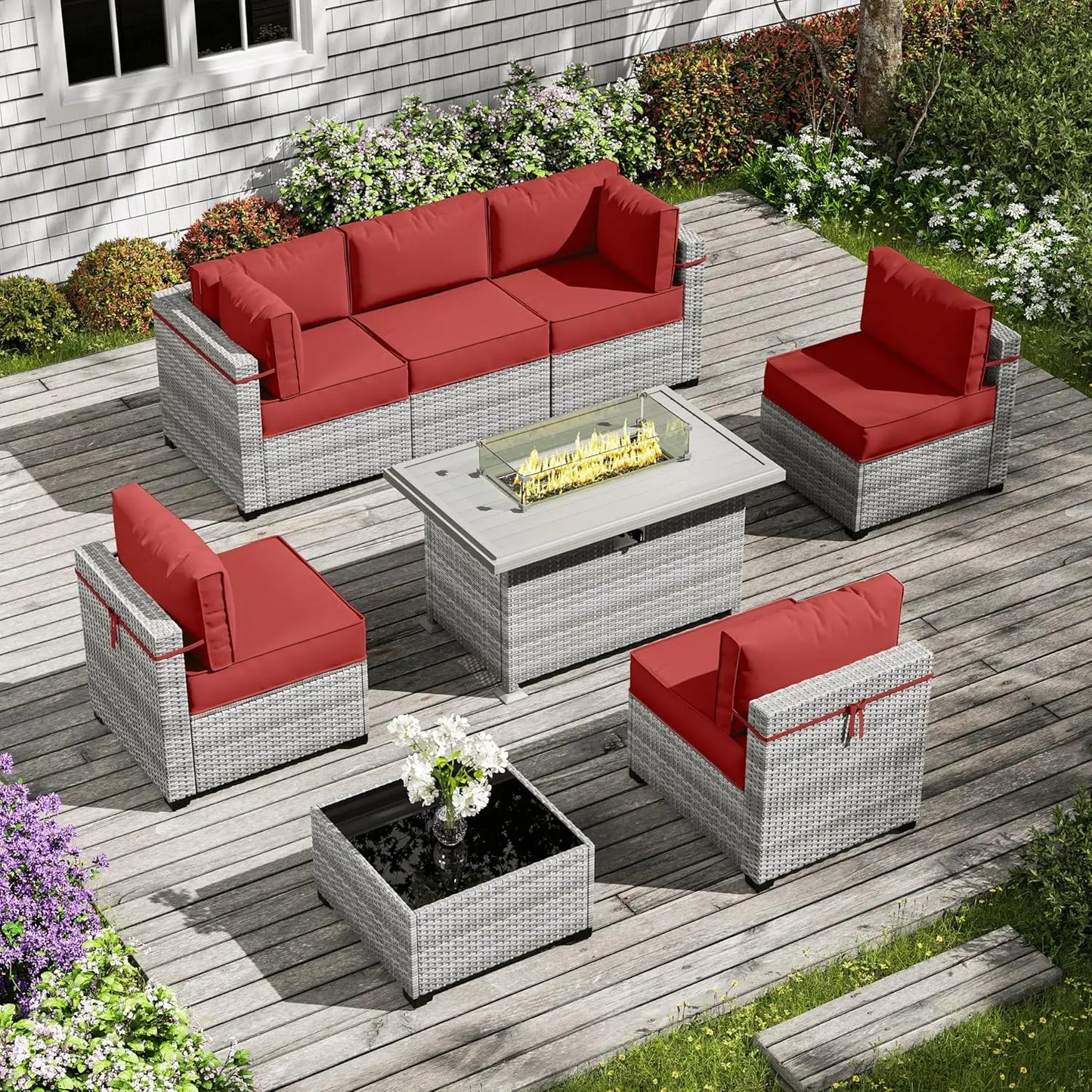 8 Piece Wicker Patio Furniture Set Includes 4 Center Sofas, 2 Corner Sofas, 1 Gas Fireplace Table, And A Tempered Glass Coffee Table