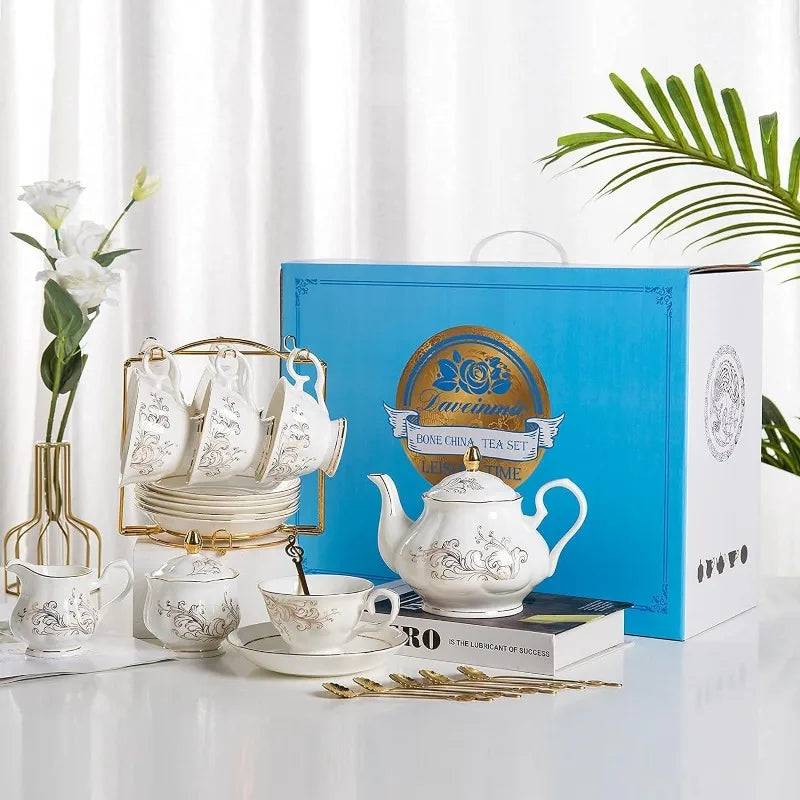 22-Pieces Porcelain Bone China Tea Sets, Gold Rim Coffee Set with Golden Metal Rack