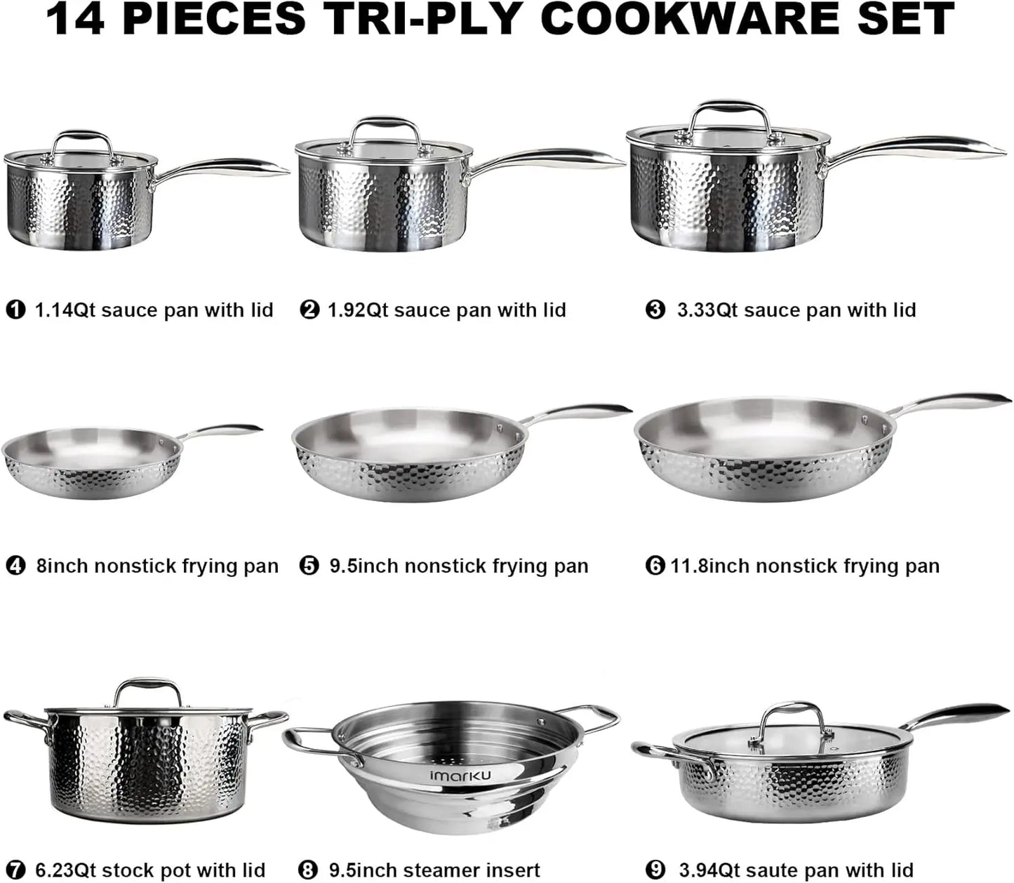 14 Piece Tri Ply Hammered Stainless Steel Professional Induction Cookware Set