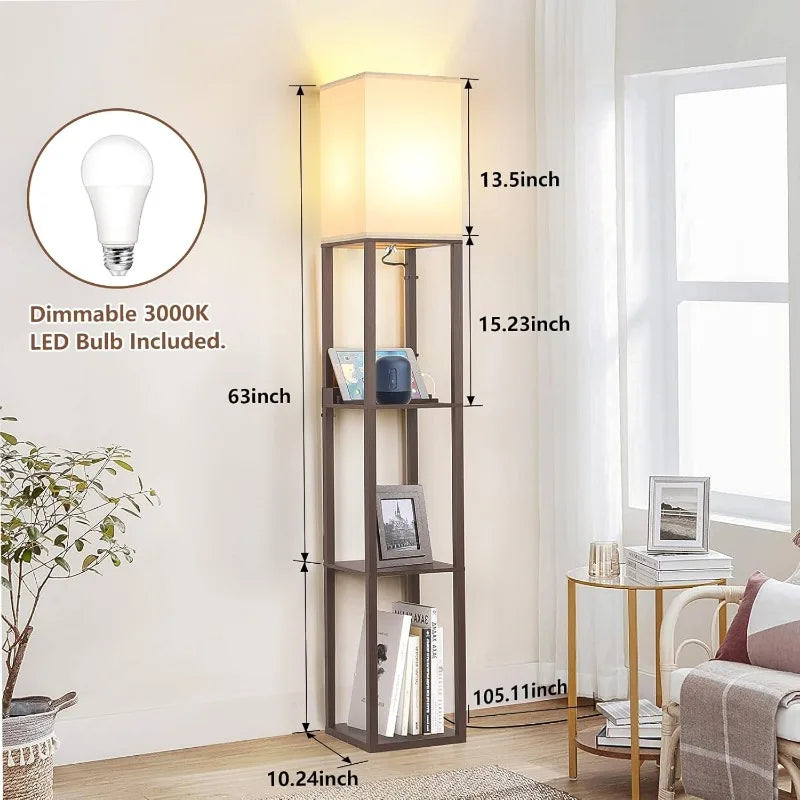 Touch Control LED Floor Lamp with Shelves, Charging USB, Type C Port and Power Outlet