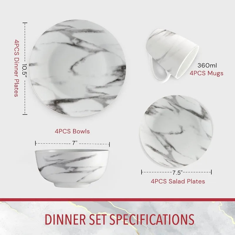 16-Piece Marble Dinnerware Set, Porcelain, White