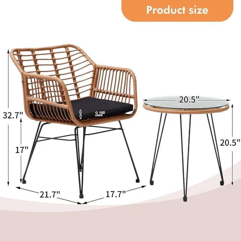 3 Pieces Wicker Patio Bistro Furniture Set, Includes 2 Chairs and Glass Top Table