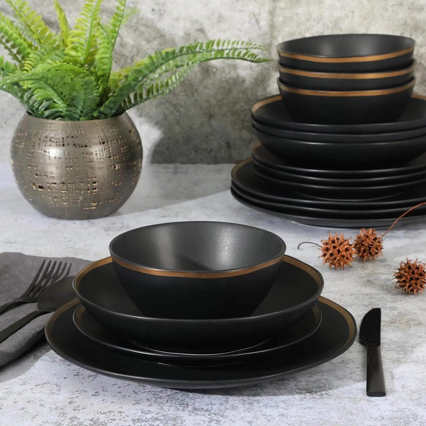 Mayfair Bay Embossed Double Bowl Dinnerware Set, Service for 4 (16pcs)