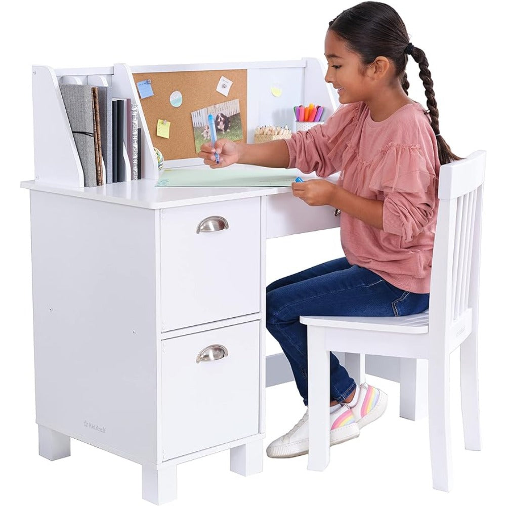 Children's Wooden Study Desk and Chair With Bulletin Board and Cabinets