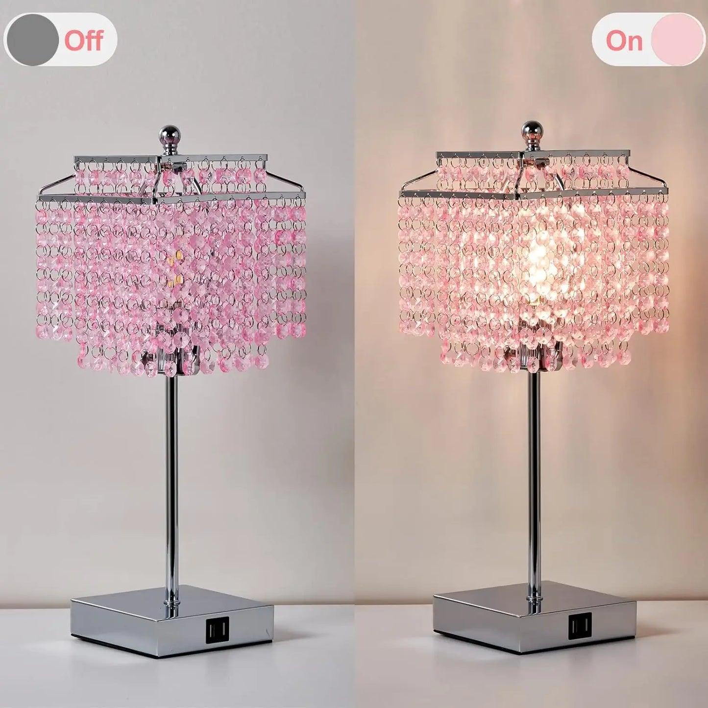 Set of 2, Pink Crystal Bedside Table Lamps, Touch Control , 3-Way Dimmable