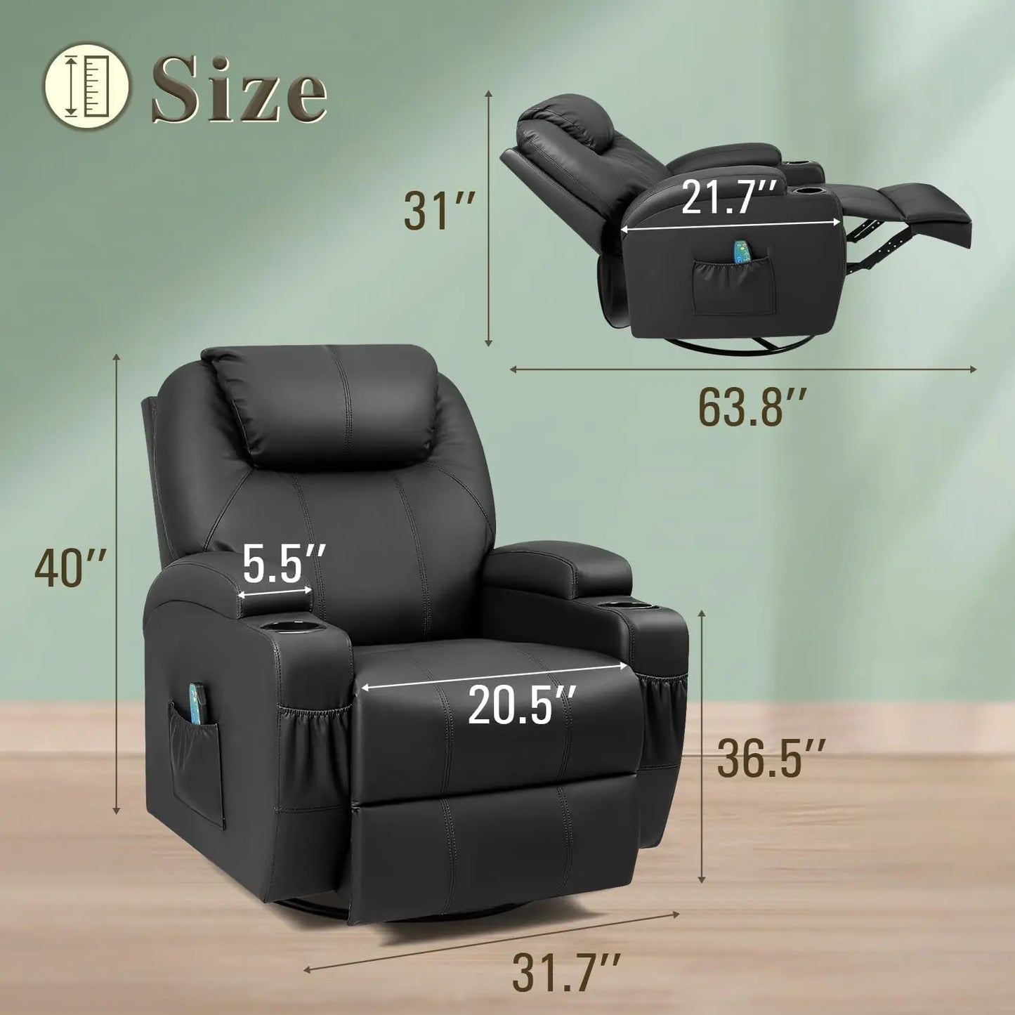 Swivel Rocker Recliner with Massage and Heating Functions, Remote Control and Two Cup Holders