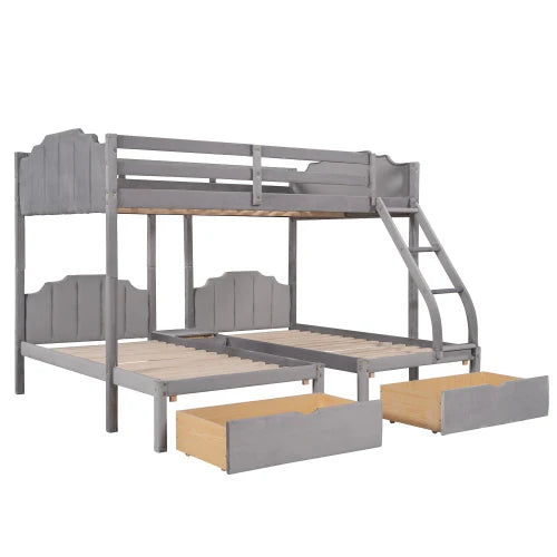 Wood Full over Twin & Twin Bunk Bed,Triple Bunk Bed with Drawers