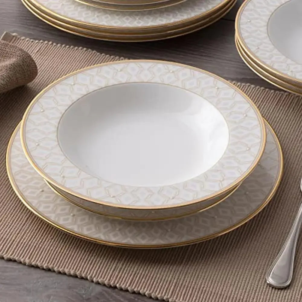 Elegant 12-Piece Cream/White Gold Band Accent Bone China Dinnerware Set