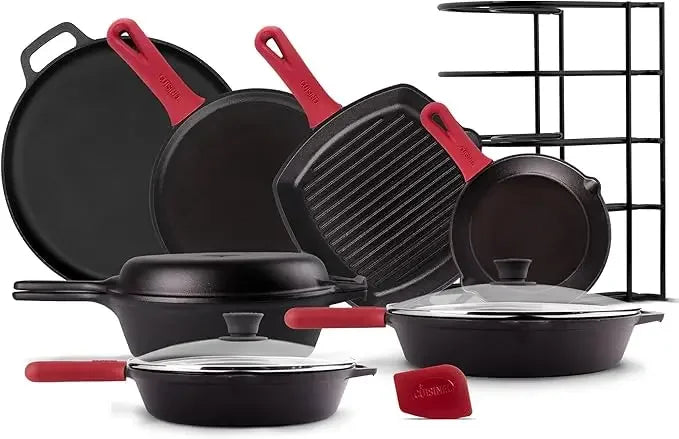 Pre-Seasoned Cast Iron Skillet Set - 8" + 10" + 12"-Inch Frying Pans + Silicone Handle Grip Covers