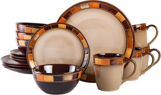 16-piece Ceramic Dinnerware Set, Service for 4- Beige and Brown, Dishwasher and Microwave Safe