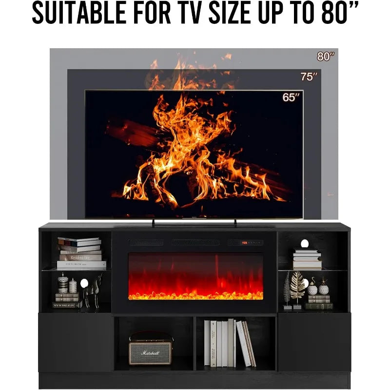 Fireplace TV Stand with 36” Electric Fireplace, 70” TV Console Stand for TVs Up to 80", LED Lights, Entertainment Center,