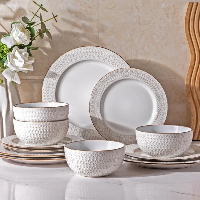 Embossed Elegant Stoneware Plates and Bowls Sets