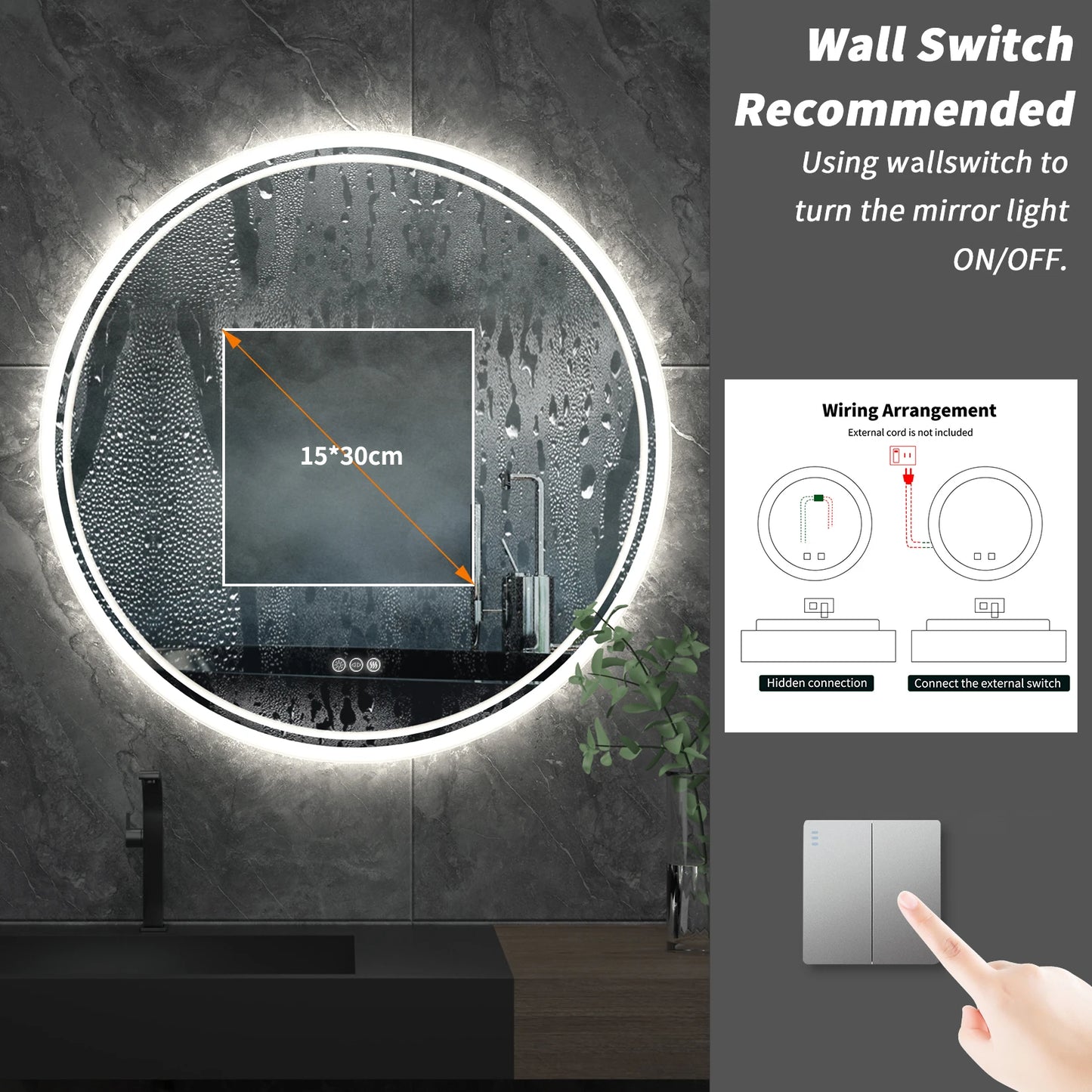 LED Touch Screen Dimmable Anti-fog Intelligent Illuminate Bathroom Mirror