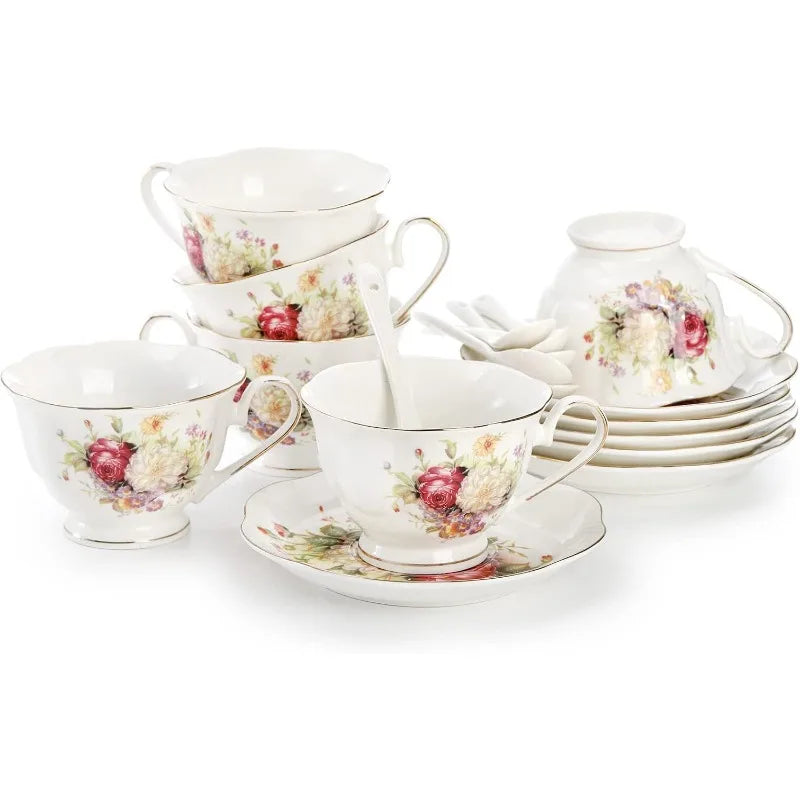 Floral Tea Cups and Saucers Set of 6, with Gold Trim, 6 oz