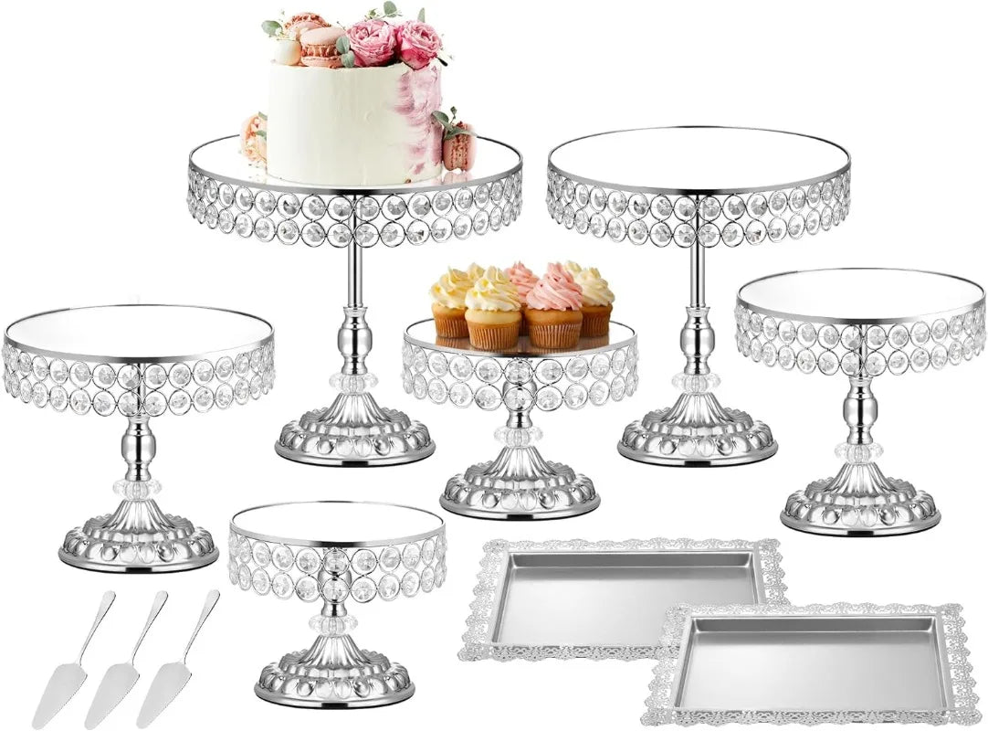 12 Pieces Silver Vintage Cake Display Stand with Crystal Edge