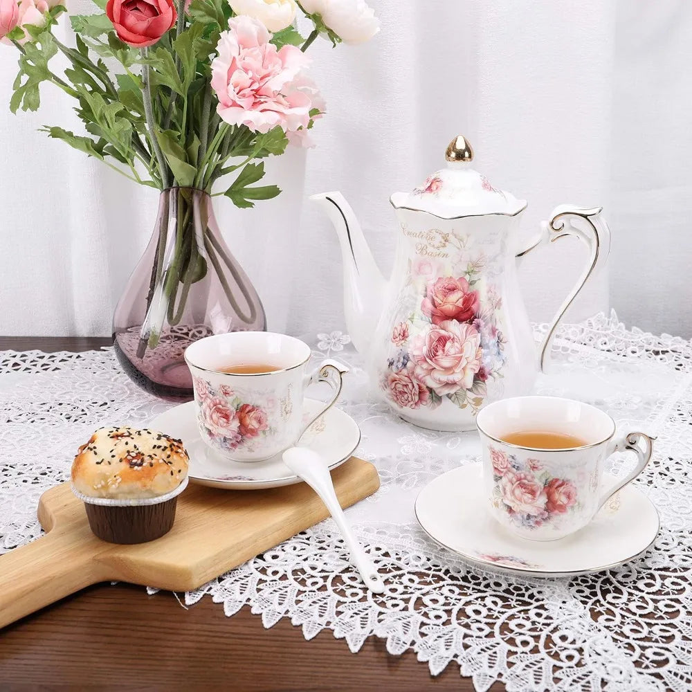 5 Piece Porcelain Rose Pattern Vintage Tea Set