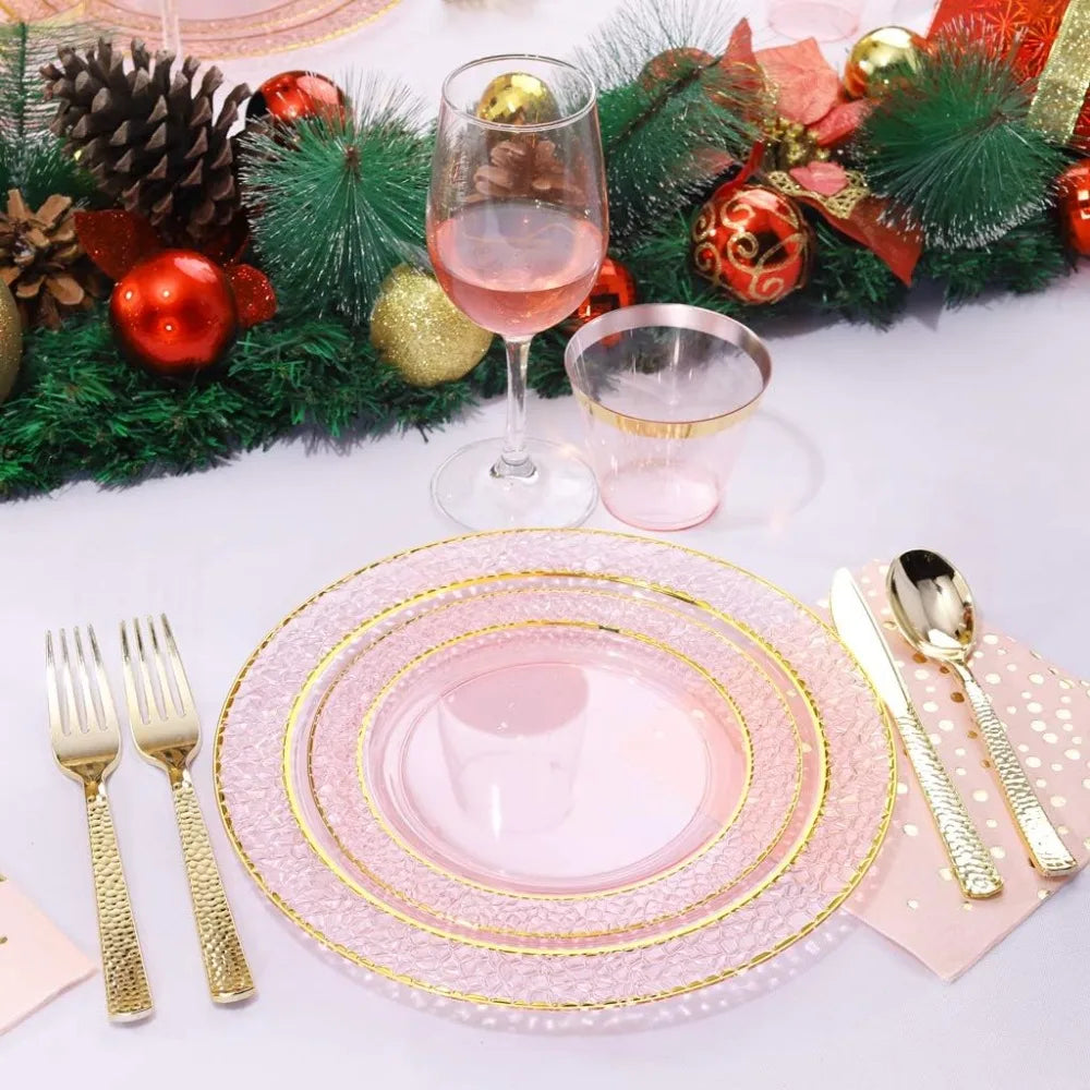 175PCS Pink and Gold Disposable and Reusable Plastic Plates Set