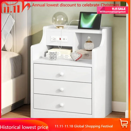 Nightstand with Charging Station, 3 Storage Drawers, Hutch