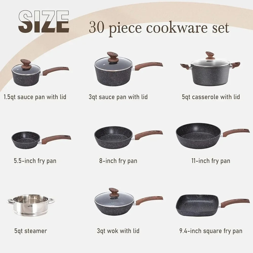 30 Piece Black Granite Kitchen Induction Cookware & Bakeware Set