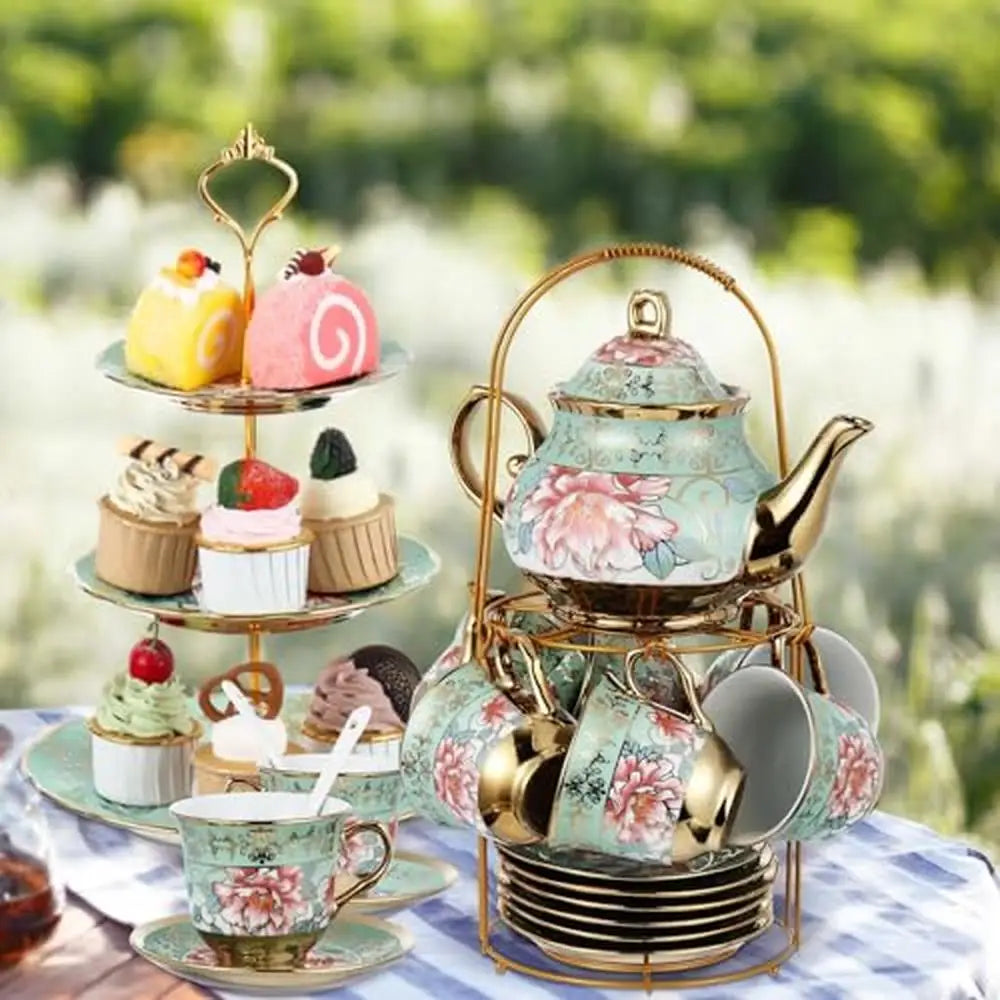 3-Tier 21-Piece European Porcelain Tea Set with Metal Holder