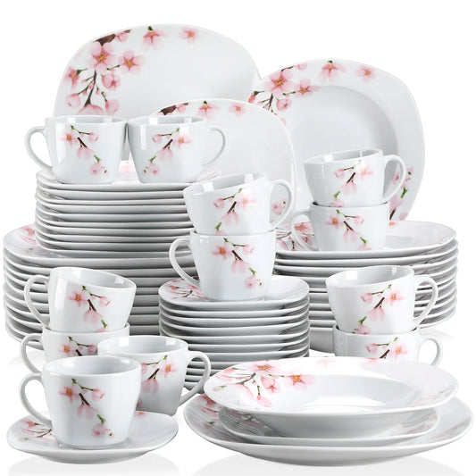 VEWEET ANNIE 60-Piece White Ceramic Pink Floral Porcelain Plate Set