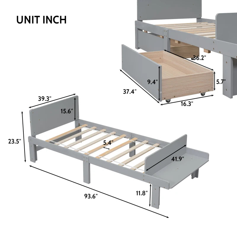 Twin Bed with Footboard Bench, 2 storage drawers, Grey