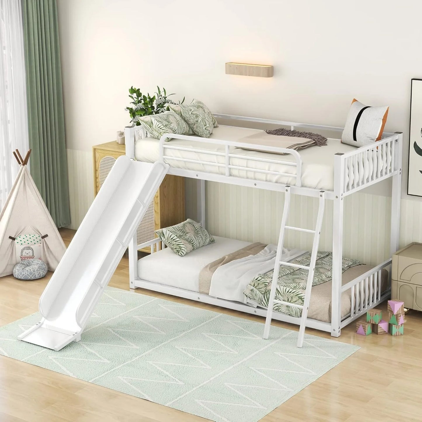 Kids Wood Twin Loft Bed Frame with Climbing Ladder & Storage Space for