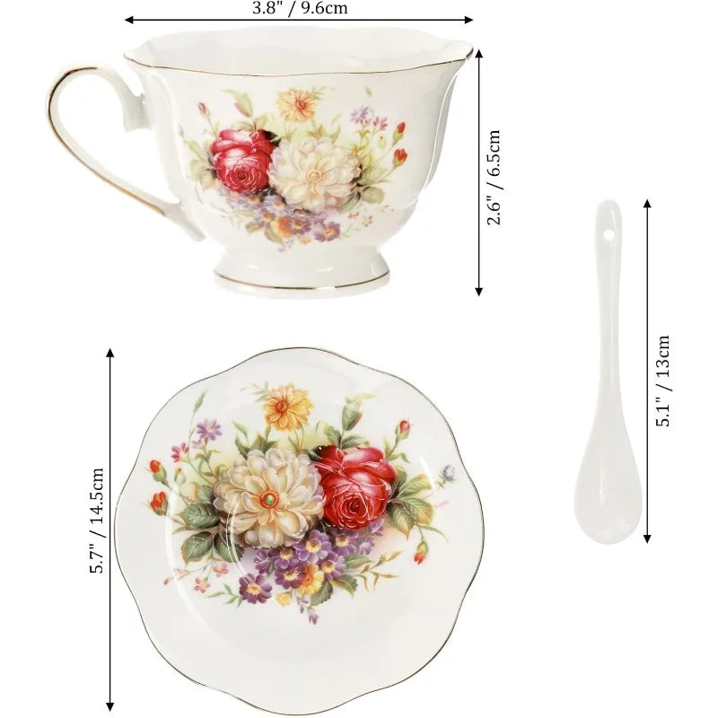 Floral Tea Cups and Saucers Set of 6, with Gold Trim, 6 oz