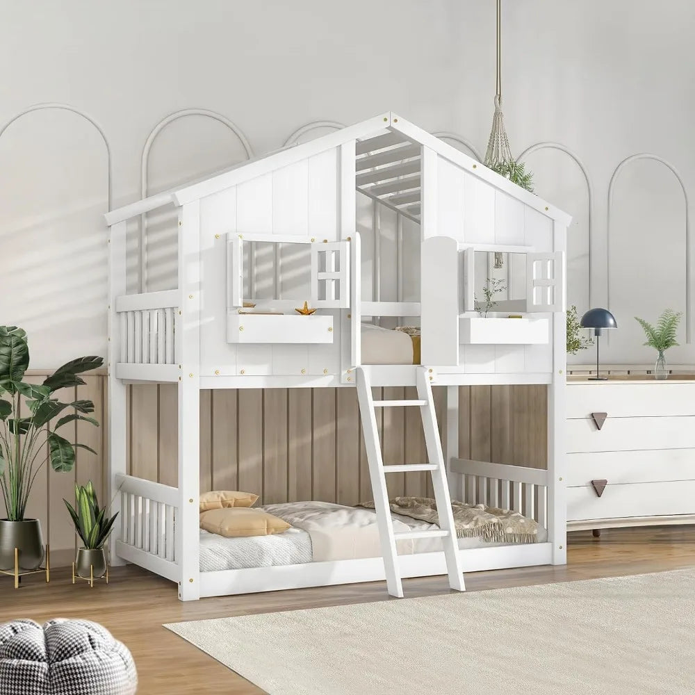 Twin Over Twin Wood Bunk Bed for Kids with Door, Windows