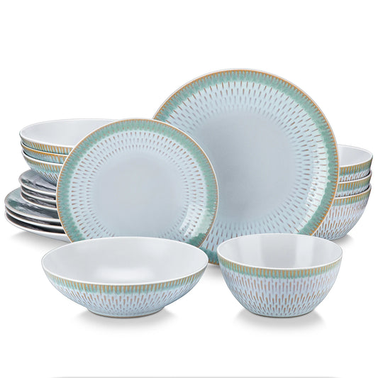 16/32/48 Piece Green Embossed Stoneware Tableware Set with Dinner/Dessert Plate/Soup Bowl/Mug Service for 4/8/12