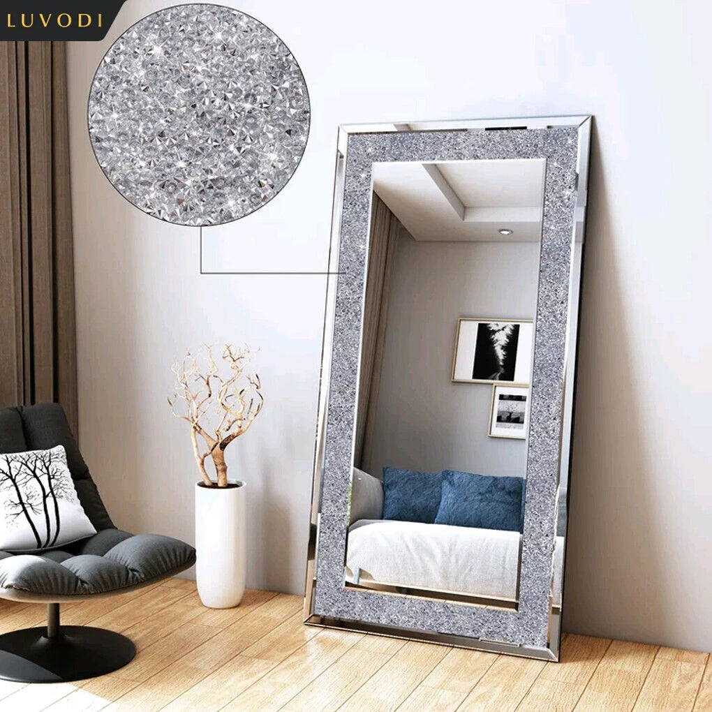 Large Silver Sparkly Crystal Rhinestone Diamond Frameless Wall Mounted Dressing Mirror