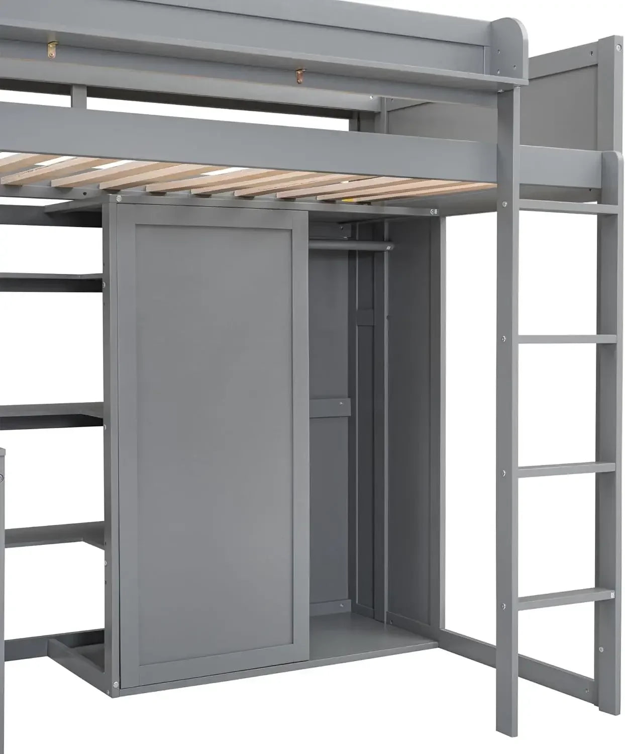 Solid Wood High Loft Bed Frame with Desk & Wardrobe