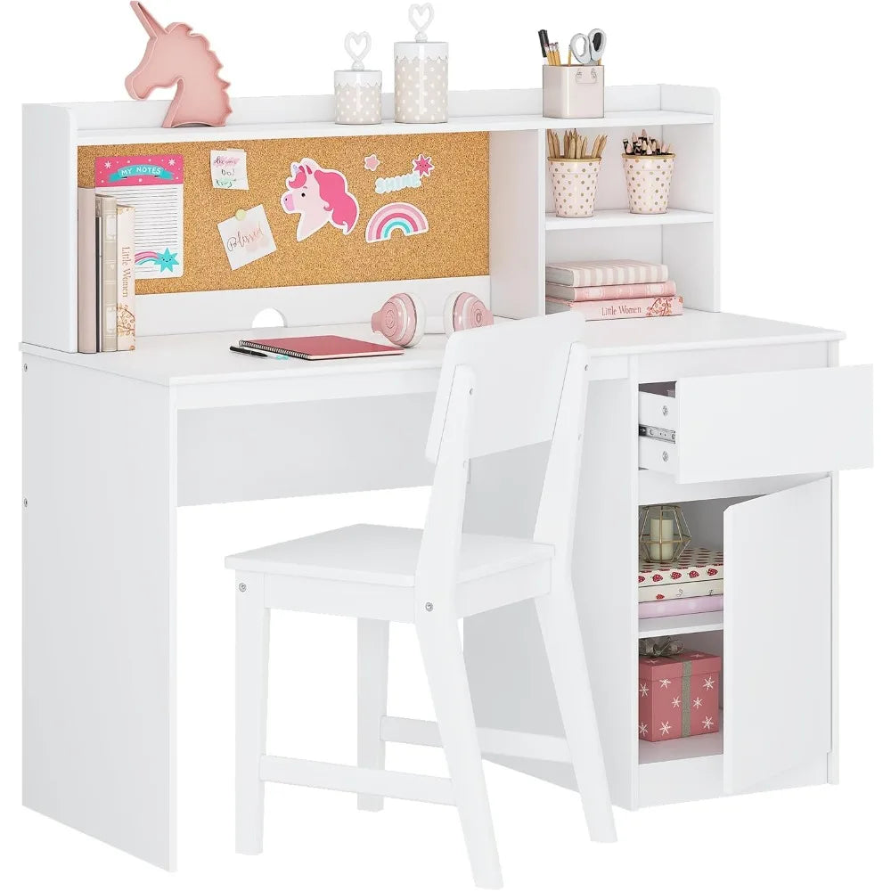 Kids Wooden Desk and Chair Set with Hutch and Storage Cabinet