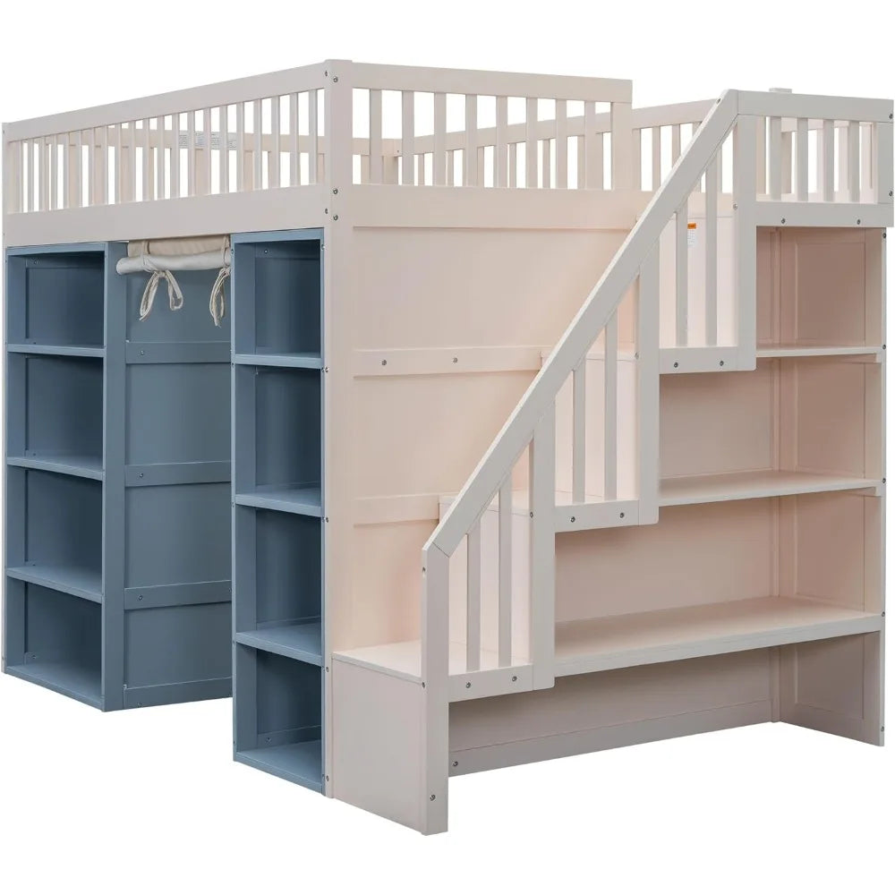 Full Size Loft Bed with Stairs and 2 Four-Layer Storage Cabinets and Curtain, for Kids, Teens, Adults (White+Blue)