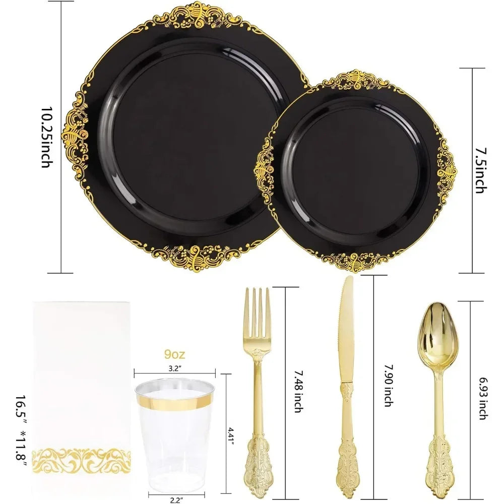 350 piece black and gold plastic plates with gold plastic silverware, disposable cutlery for weddings and parties