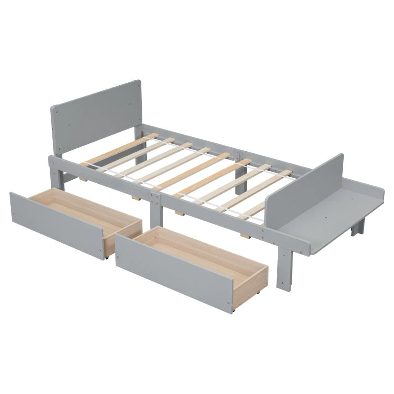 Twin Bed with Footboard Bench, 2 storage drawers, Grey