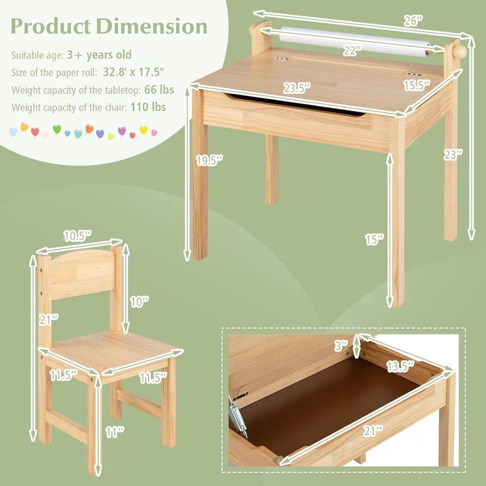 Kid's Wooden Lift-Top Desk & Chair Activity Table Set with Storage, Paper Roll Holder & Pen Slot