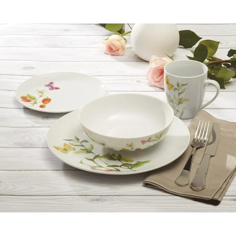 16 Piece Botanical Butterflies Dinner Set, 16pcs, White