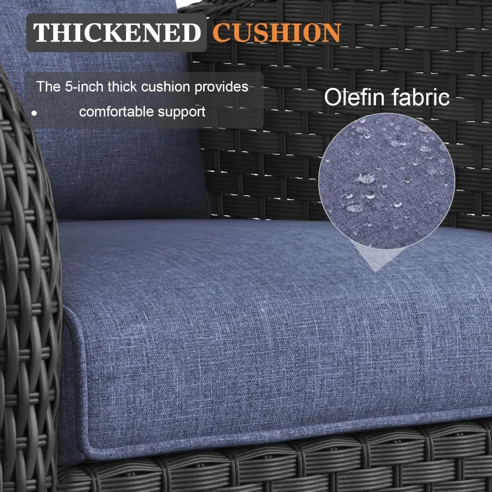 10 Piece High Back Wicker Rattan Patio Set with Fire Pit Table, Black /Navy Blue