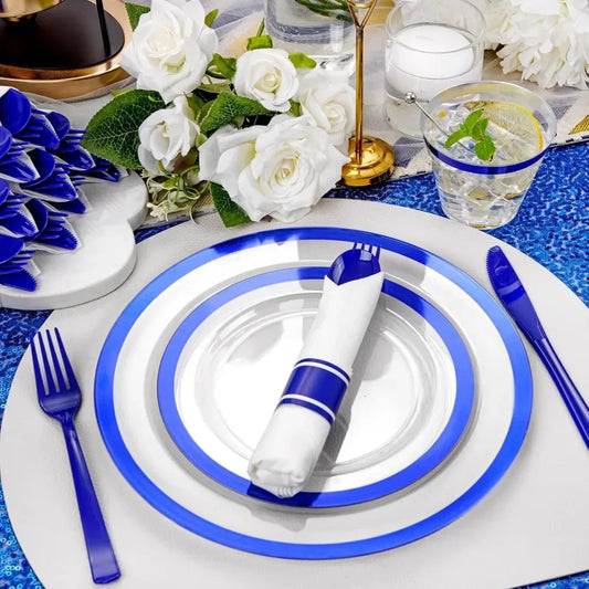 350 Pcs Dark Clear and Blue Plastic Plates, Include 50 Dinner Plates 10.25'', 50 Dessert Plate 7.5'', 50 Cups 9 OZ, 50 Napkins