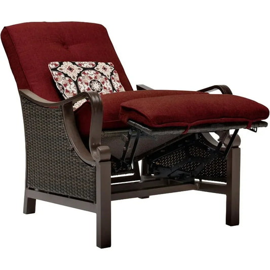 Brown Wicker Outdoor Recliner Chair with Cushions and Accent Pillow