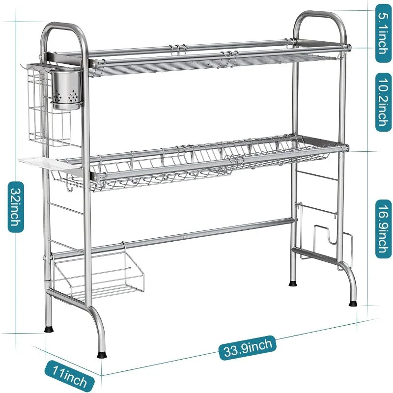 Stainless Steel 2-Tier Over The Sink Dish Drying Rack with Utensil Holder