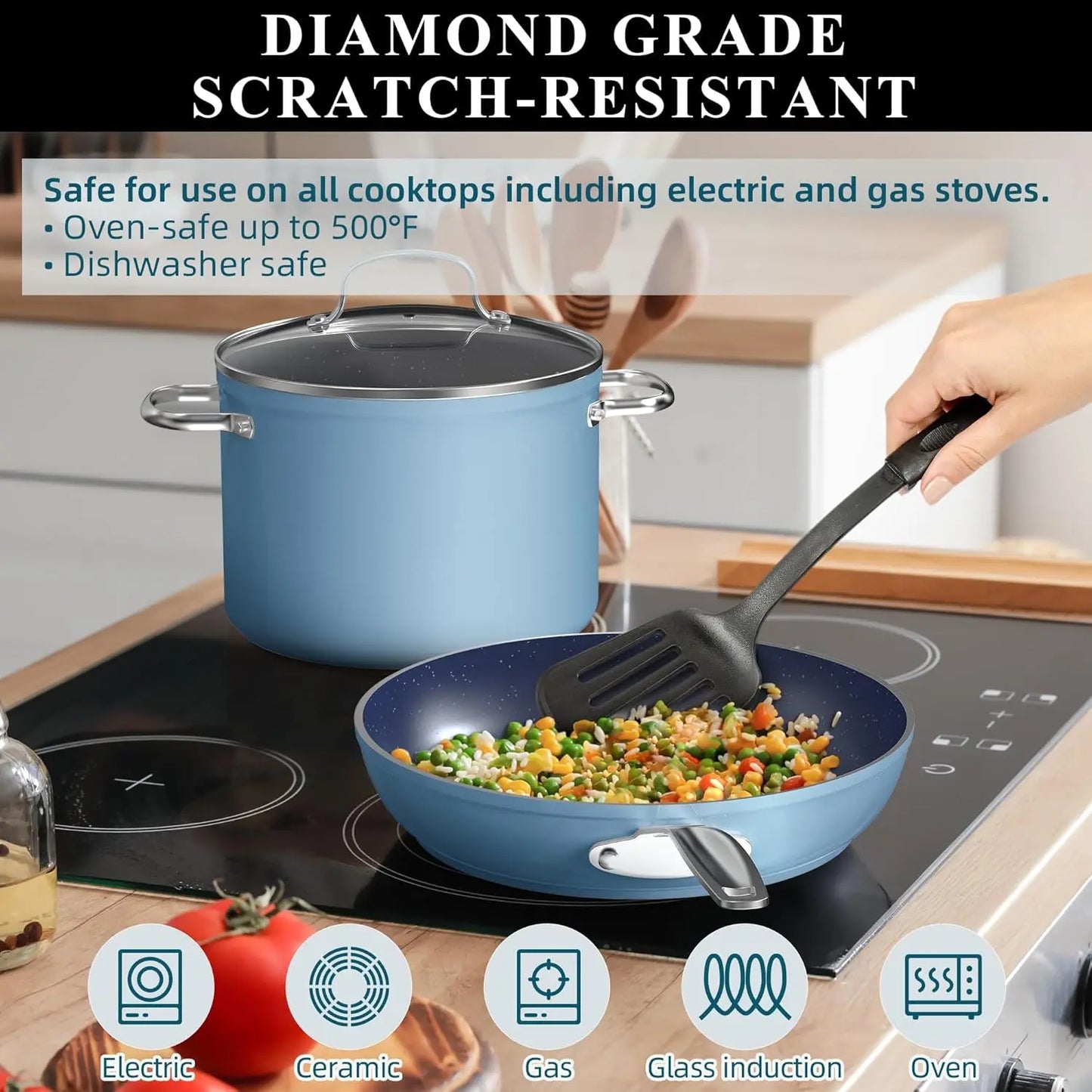 9Pc Healthy Duralon Blue Ceramic Nonstick Coated, Diamond Infused Scratch-Resistant, Cookware Set