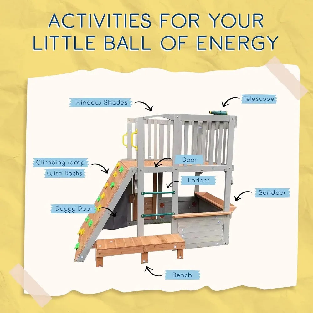 Kids Wooden Outdoor Playhouse with Sandbox, Bench, Play Telescope, Ladder