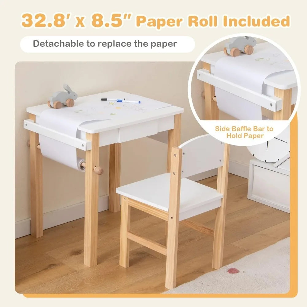 Kid's Wooden Lift-Top Desk & Chair Activity Table Set with Storage, Paper Roll Holder & Pen Slot