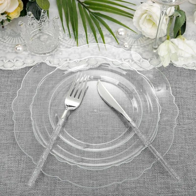 150PCS Clear-Gold Plastic Plates - Gold Plastic Silverware with Glitter Handle - 30 Guests