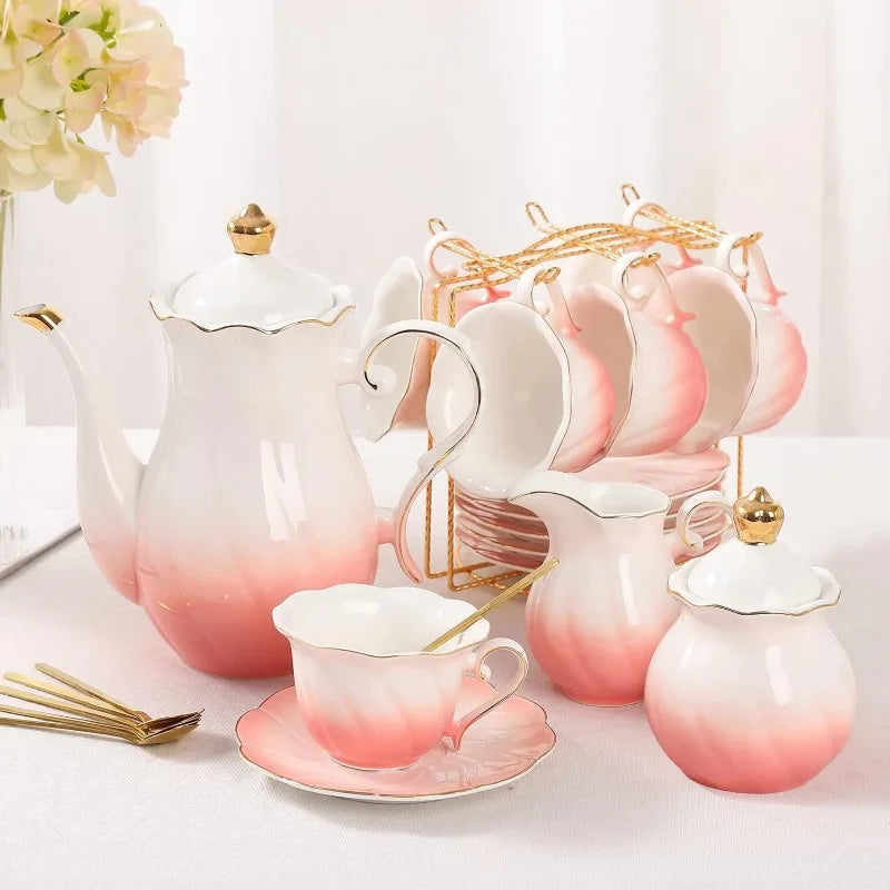 22 pcs Porcelain Tea Set for 6, Luxury British Style Tea/Coffee Cup Set with Golden Trim