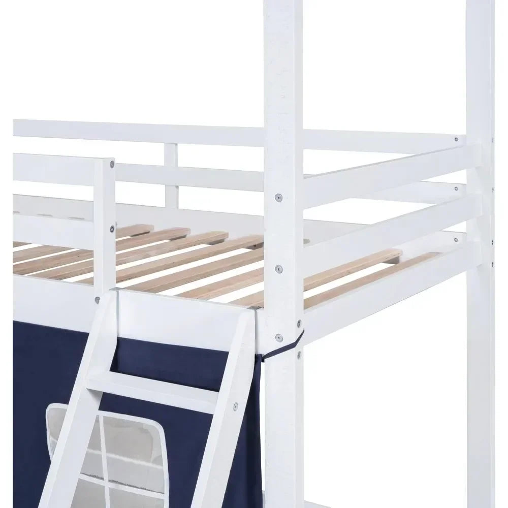 Kids House Loft Bunk Bed with Tent, Ladders, Guardrail, Windows & Roof