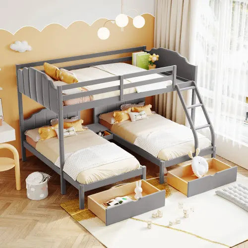 Wood Full over Twin & Twin Bunk Bed,Triple Bunk Bed with Drawers