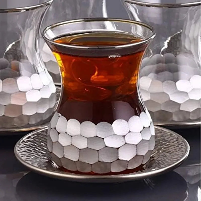 Turkish Tea Set of 18 pcs, 6 Turkish tea cups, 6 Turkish coffee cups and (6) metal tea cup saucers